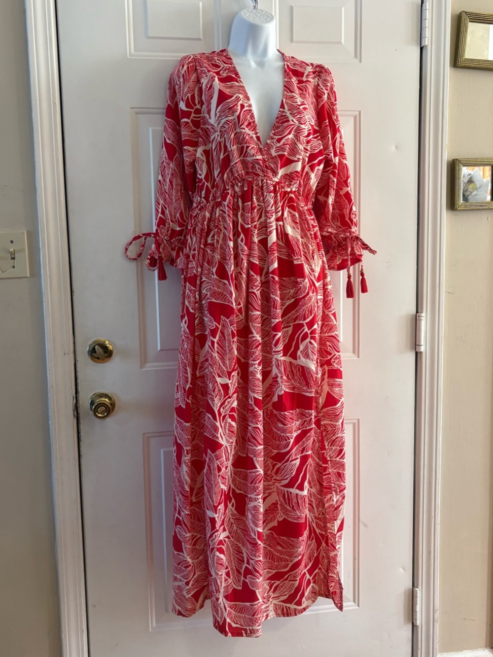 MASALA Red and Cream Floral V-Neck Maxi Dress. Size L. New